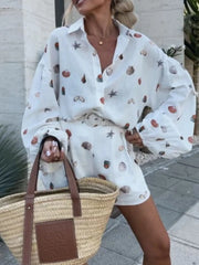 Hazel Blues® |  Shell Print Long Sleeve Shirt and Belt Shorts Set