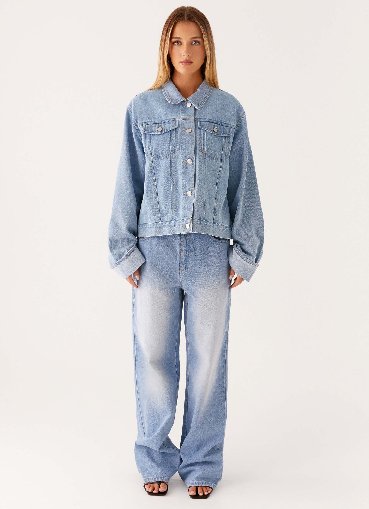 Back Again Oversized Denim Jacket Light Wash Blue