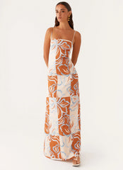 Aster Bloom Maxi Dress Orange Blue Floral