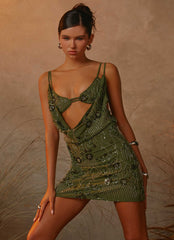Celosia Beaded Mini Dress Khaki