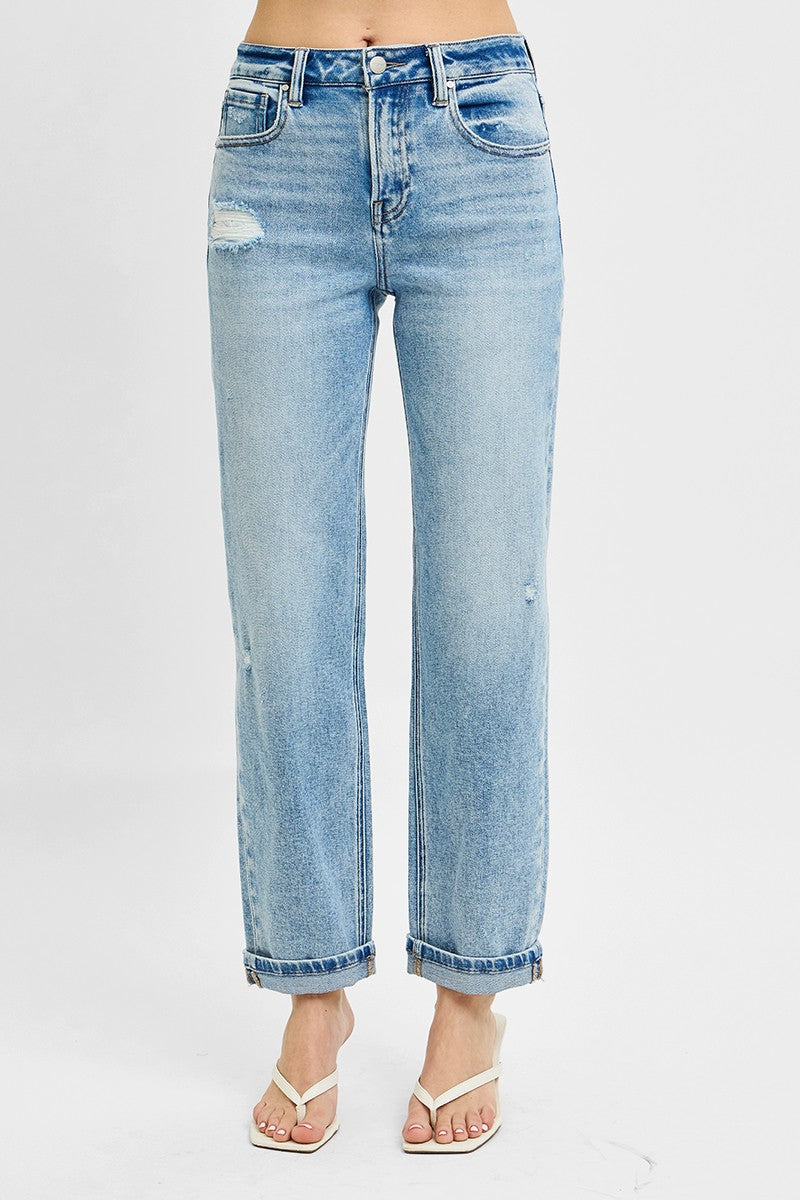 Hazel Blues® | RISEN High Rise Ankle Boyfriend Distressed Jeans