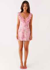 Adrina Ruffle Mini Dress Pink Floral Print