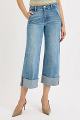 Hazel Blues® | RISEN Tummy Control High Rise Ankle Wide Cuffed Jeans