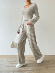 Hazel Blues® |  Ribbed V-Neck Long Sleeve Top and Pocketed Pants Set