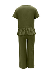 Hazel Blues® |  Peplum Round Neck Short Sleeve Top and Pants Set