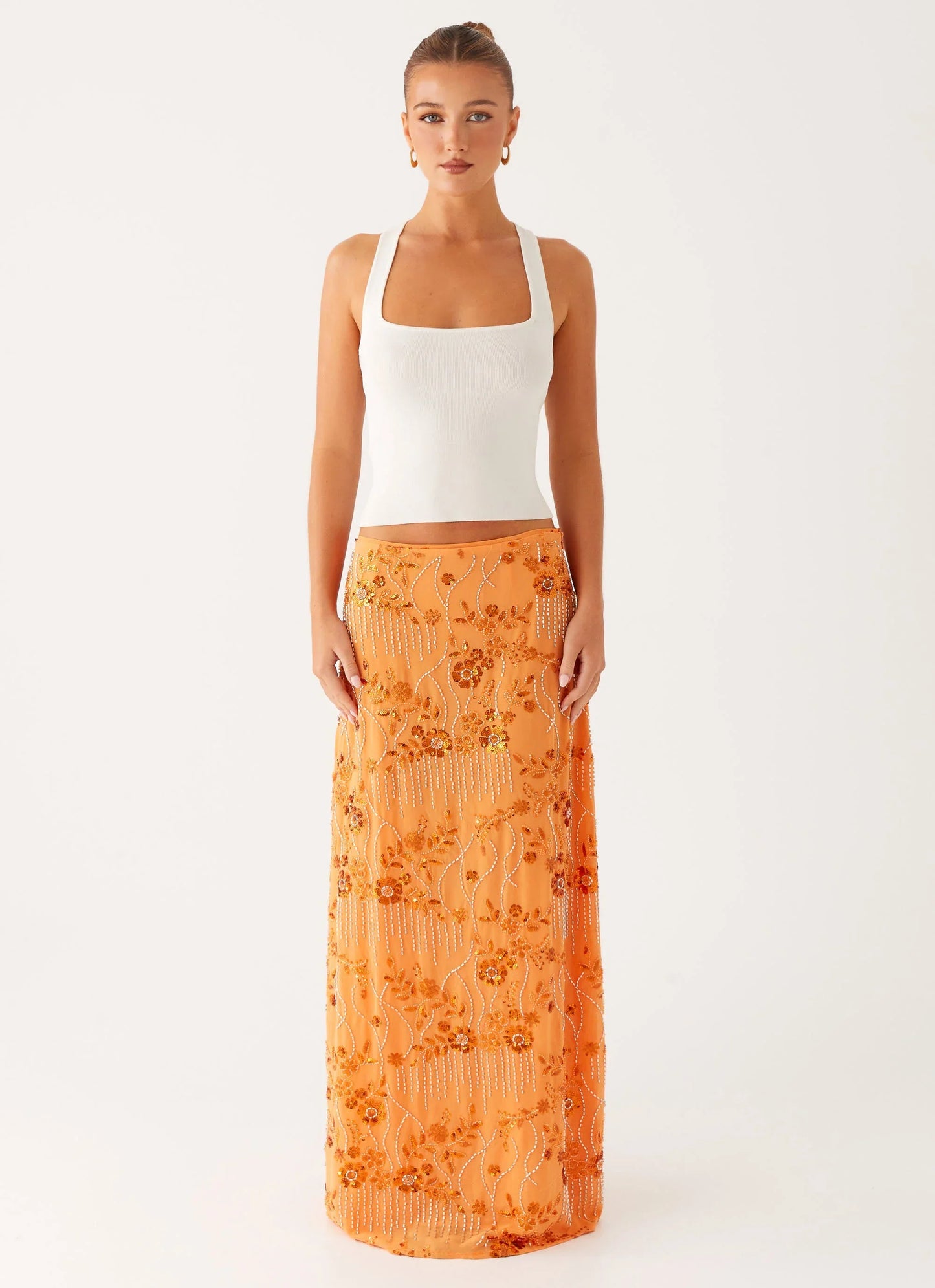 Corinna Low Rise Sequin Maxi Skirt Orange