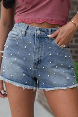 Hazel Blues® |  Pearl Beaded Raw Hem Wash Denim Shorts