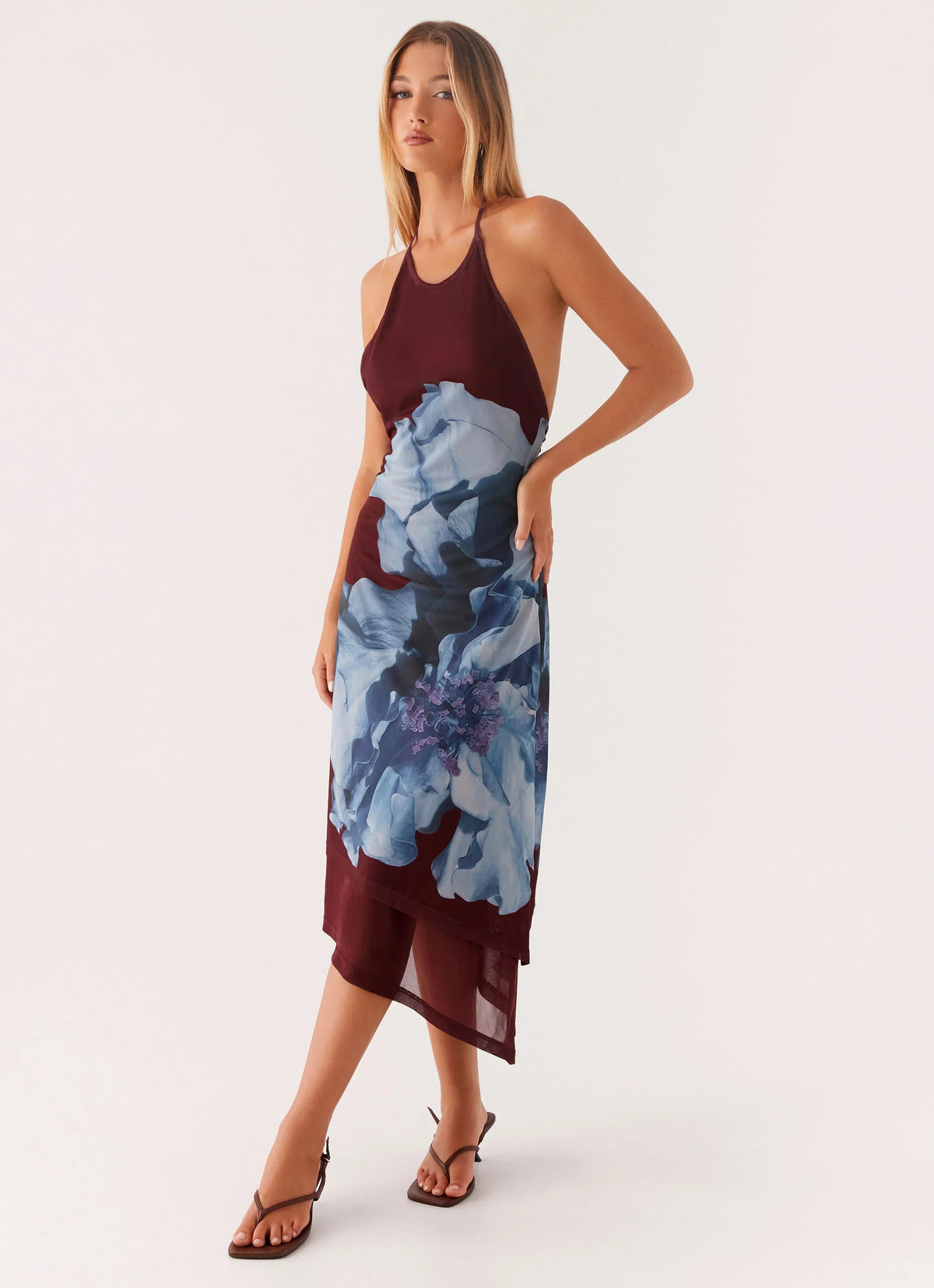 Brinley Halterneck Midi Dress Maroon Print
