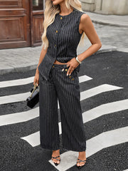 Hazel Blues® |  Striped Button Down Tank and Pants Denim Set