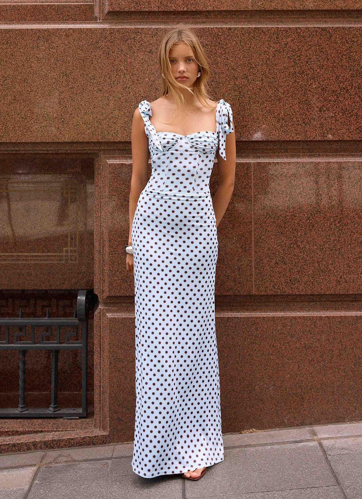 Akil Corset Maxi Dress Blue Mocha Dot