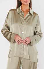 Always and Forever Button Down ~ Moss Green Luxe Satin
