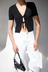 CROPPED SHORT SLEEVE SWEATER WITH OPEN FRONT TIES