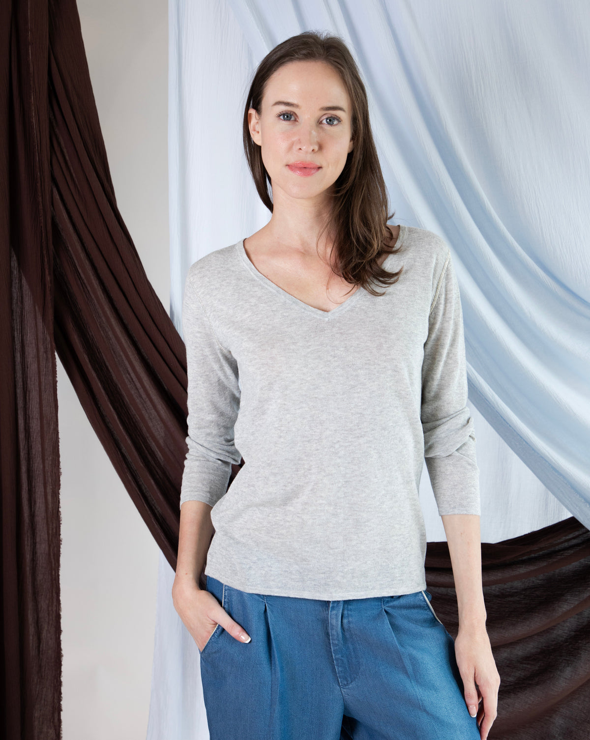 Marcelle Long T-Shirt (V-Neck) - Woodsmoke