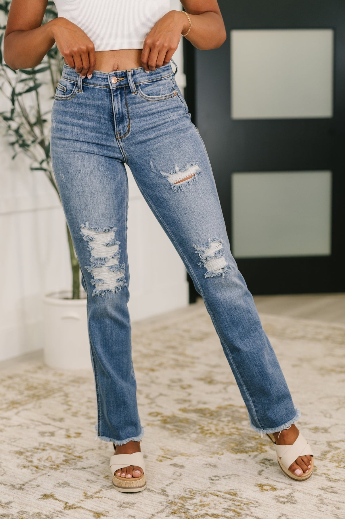 Hazel Blues® |  Maureen High Rise Distressed Bootcut Jeans