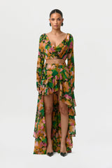 Chiffon Floral Asymmetric Ruffle Skirt