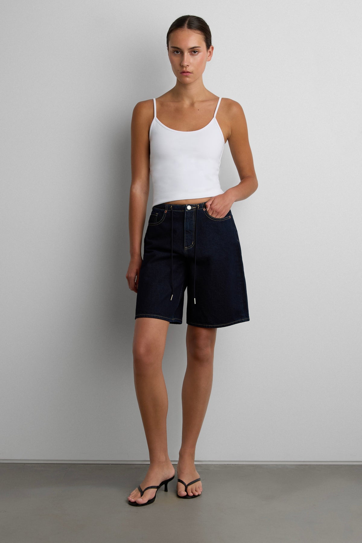 DENIM JORT WITH DRAWSTRING WAIST