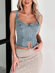 Hazel Blues® |  Fitted Denim Corset Tank Top with Front Zip