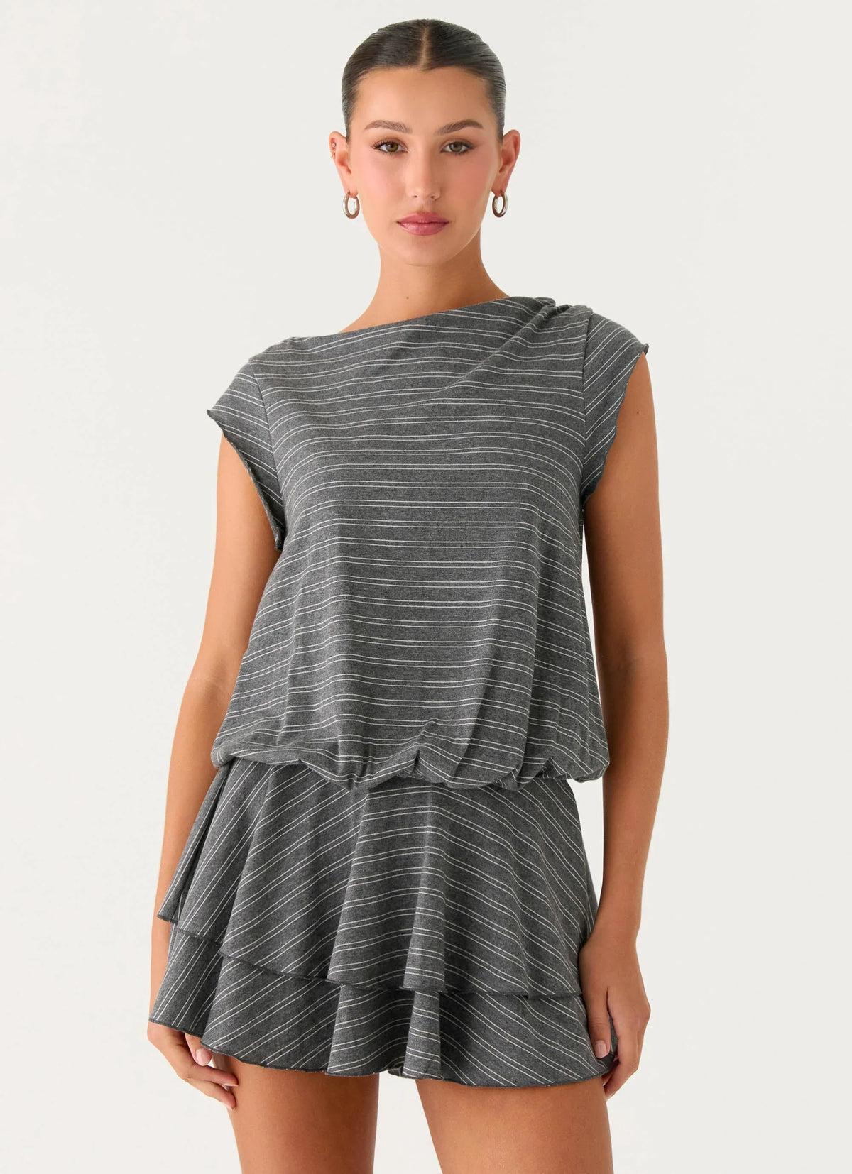 Bambola Wide Neck Mini Dress Grey Marle Stripe