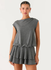 Bambola Wide Neck Mini Dress Grey Marle Stripe