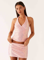 Been That Girl Knit Sequin Mini Skirt Iridescent Pink