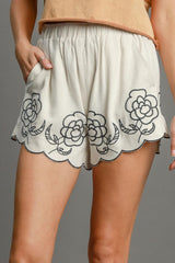 Hazel Blues® | Umgee Linen Blend Shorts with Floral Embroidered Details