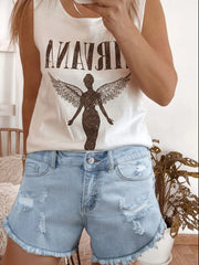 Hazel Blues® |  High Rise Distressed Raw Hem Denim Shorts