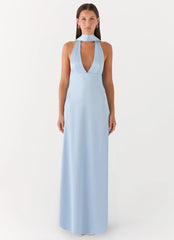 Alicia Satin Halter Maxi Dress Baby Blue