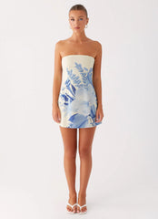 Denby Strapless Mini Dress Blue Floral Print