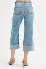 Hazel Blues® | RISEN Tummy Control High Rise Ankle Wide Cuffed Jeans