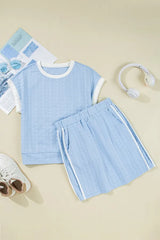 Hazel Blues® |  Contrast Trim Textured Crewneck Tee and Pocketed Skirt Set