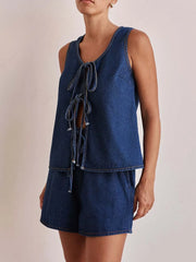 Hazel Blues® |  Tie Front Vest and Shorts Denim Set