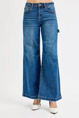 Hazel Blues® | RISEN High Rise Wide Leg Patch Detailed Jeans