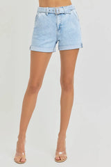 Hazel Blues® | RISEN High Rise Belted Roll Up Shorts
