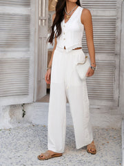Hazel Blues® |  Devine Button Down Lace Detail Vest and Pants Set