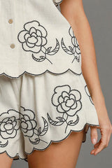 Hazel Blues® | Umgee Linen Blend Shorts with Floral Embroidered Details