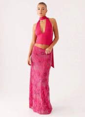 Corinna Low Rise Sequin Maxi Skirt Fuchsia