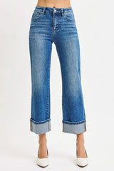 Hazel Blues® | RISEN Mid Rise Crop Straight Cuffed Jeans
