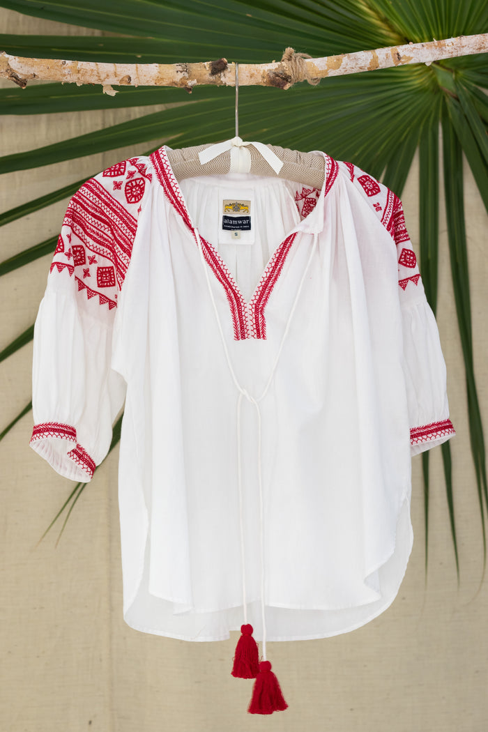 Salma Red Embroidered Summer Blouse