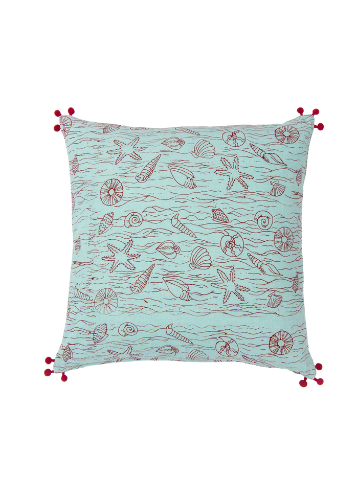 Seashell Aqua Pillow Cover With Pom-Poms